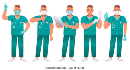 Young white man with a stethoscope in a green medical uniform stands in different poses. The doctor is standing with a tablet in his hand, wearing a protective mask, putting on gloves