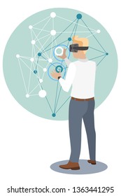 Young white office worker working in global network via virtual reality glasses