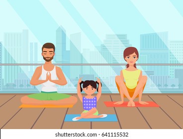 Young white people family meditating in fitness room on the city background.