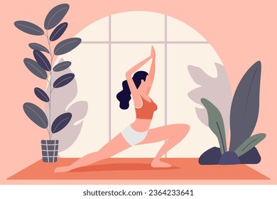 Young white woman doing yoga in the morning at home, keeping active healthy lifestyle. Relaxation, exercises, female character having calm peaceful mood.
