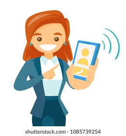 Young white woman holding a smartphone in hand. Ringing cellphone of businesswoman expecting a call. Concept of connection, mobility, network. Vector cartoon illustration isolated on white background.