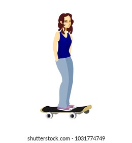 A young white woman with purple sneakers on a skateboard.