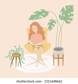 Young white woman reading a book on a chair surrounded indoor plants. Vector illustration