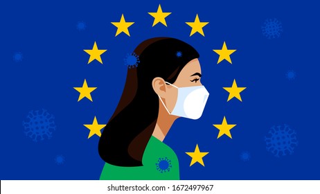 Young white woman in respiratory mask. Coronavirus alarm, protection and prevention in European Union. Golden stars flag. Modern vector illustration on social topic.