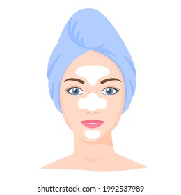 Young White Woman With T-zone Strips And Towel On Head. Skincare Procedures At Home. Cosmetic Patches For Nose, Forehead And Chin. Vector Illustration