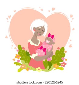 Young white-haired swarthy woman with a newborn daughter in pink diapers with bows on her hands on a floral-heart background