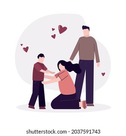 Young wife with husband caring and hugging son. Happy woman embracing boy kid. Cartoon mother and father care and hug child. Concept of parenthood and loving family. Trendy vector illustration