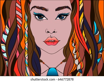 Young, wild and free. Young woman in colorful dreadlocks. Vector illustration