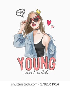 young and wild slogan with cartoon girl with icons illustration