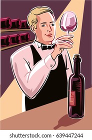 Young wine taster, intent to admire the ruby-colored wine from a bottle just uncorked.