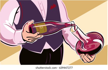 Young wine taster, pour the wine into a decanter, a bottle just uncorked.