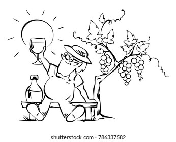 Young wine tasting / An elderly wine grower tries wine, vector illustration