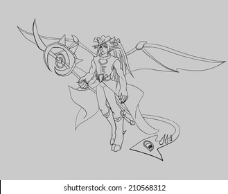 Young winged demon with a wand in his hand hovering in the air, outline