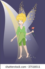 Young winged elf holding a flower standing on moonlight path.