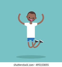 Young winking jumping bearded guy / flat editable vector illustration