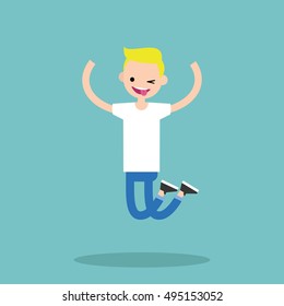 Young winking jumping blond boy / flat editable vector illustration