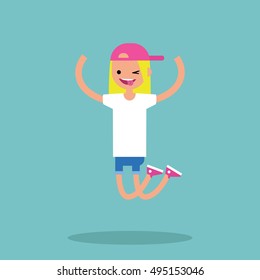 Young winking jumping girl / flat editable vector illustration