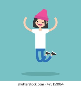 Young winking jumping girl / flat editable vector illustration