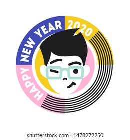 Young winking and smiling male character in round frame with text. Happy New Year 2020 cute badge isolated on white background. Flat style vector illustration for seasonal design