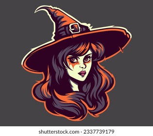 Сute young witch with beautiful hair in hat. Halloween composition. Vector illustration.