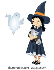 A young witch in a big hat with little ghosts. Halloween vector illustration.	