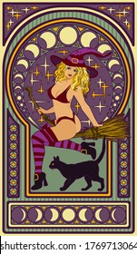 Young witch with a black cat, art nouveau style card, vector illustration