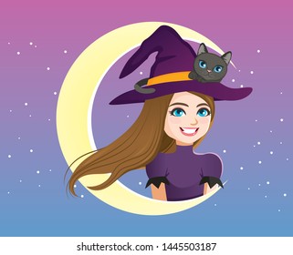 Young witch with black cat on hat