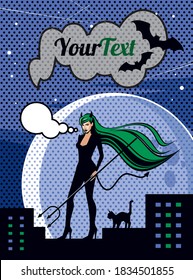 Young witch and black cat on the roof. Night landscape background. Full moon landscape.Trendy graphic design for banner, poster, card, cover, invitation, poster, booklet, flyer