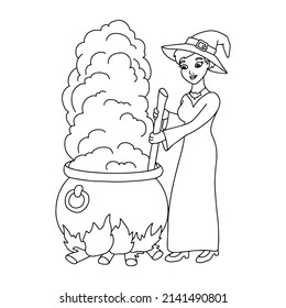 A young witch is brewing a potion in a cauldron. Coloring book page for kids. Cartoon style character. Vector illustration isolated on white background. Halloween theme.