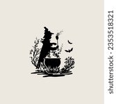 Young witch brews potion. Halloween witch illustration. Hand drawn sketch.