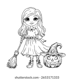 Uma jovem bruxa com uma vassoura em suas mãos, ao lado de uma abóbora em um chapéu com rosto esculpido, um esboço preto e branco. Ilustração vetorial. Uma comitiva mística de Halloween, isolada sobre um fundo branco. 