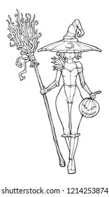 Young witch with a broom and a pumpkin