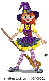 Young witch with broom and spider