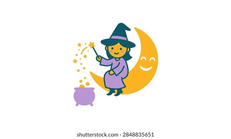 Young witch casting spell with wand over bubbling cauldron.