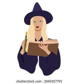 Young witch casts a spell and holding grenn candle.Esoteric and mystical character.