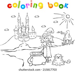 Young witch, cat, castle and mushroom house. Vector illustration for children