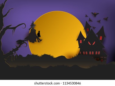Young witch with cat in dark forest and bat Halloween paper art background, paper cut style illustration