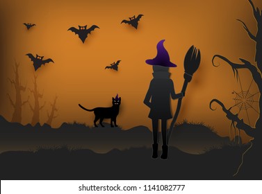 Young witch with cat in dark forest and bat Halloween paper art background, paper cut style illustration