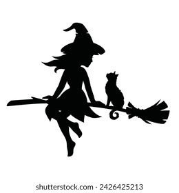 Young witch with a cat flies on a broom