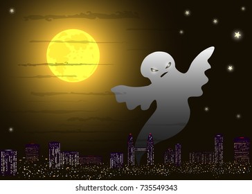 young witch and cat on the broom on big moon background, lights of the big city, star, text 'Happy halloween', vector illustration