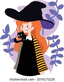 Young witch and cat her shoulder  An illustration cute  witch girl for halloween season 