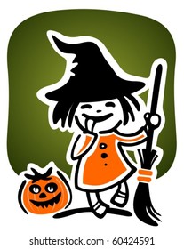 Young witch and cat on a white background. Halloween illustration.
