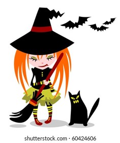 Young witch and cat on a white background. Halloween illustration.