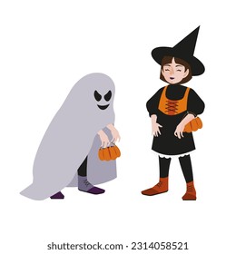 Young witch with closed eyes and kind face. Kid with ghost mantle. Pumpkin bags with candies. Halloween holiday characters. Isolated objects, vector illustration.