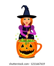 A young witch cooks a magic potion in a pumpkin pot. flat vector illustration isolated on white background. 