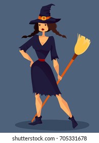 A young witch in a dark suit with a broom in her hands. She has an old hat on her head. Vector cartoon illustration. Character
