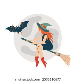 Young witch flies on a broom in the background full moon. Mysticism, magic, witchcraft at Halloween night, october holiday. Isolated vector illustration