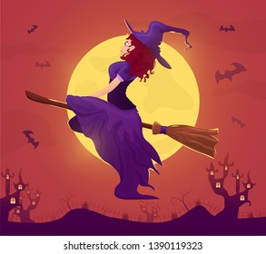 young witch flying on a broom over the night city. Trick or treat. Halloween flat illustration