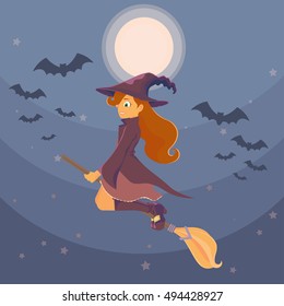 A young witch flying on a broom on background of the moon and the night sky, flying near a flock of bats. Long red hair witch and her cloak developed in the wind. Halloween.