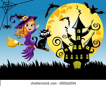 Young witch flying on a broom at halloween night horizontal background